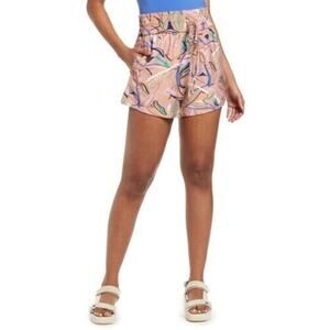 Open Edit Women's Tie Waist Knit Shorts Tan Doodle Print Medium‎ MSRP $39